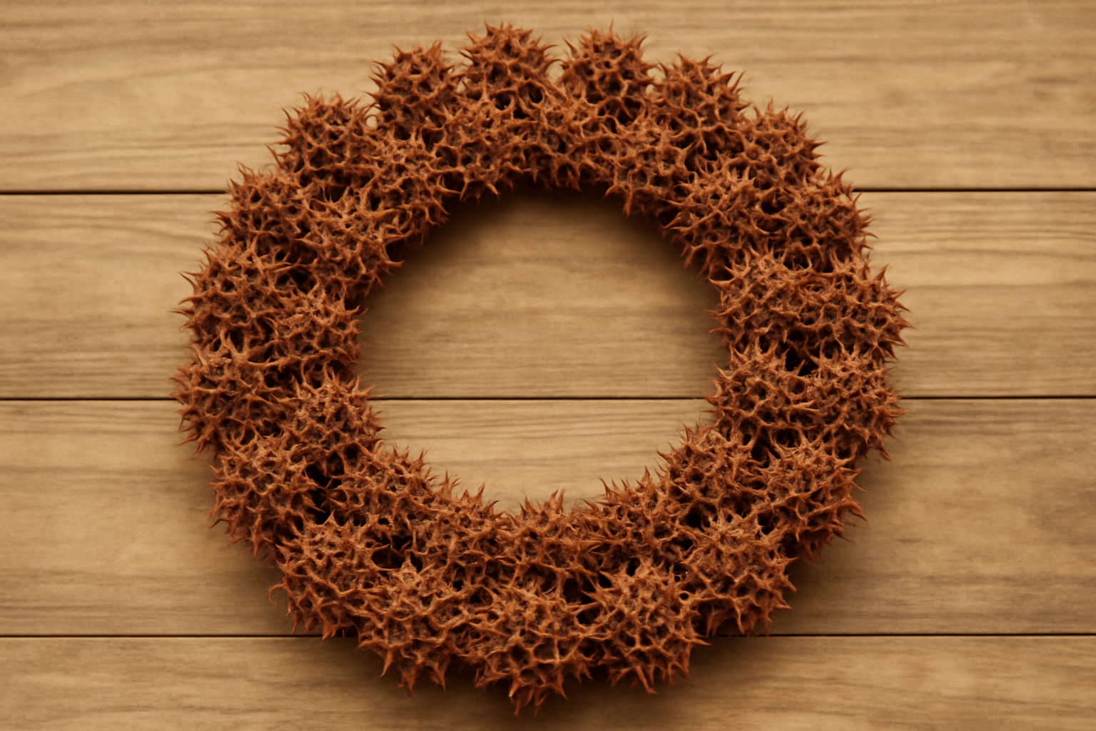"DIY wreath made with sweetgum pods, showcasing their use in craft projects."