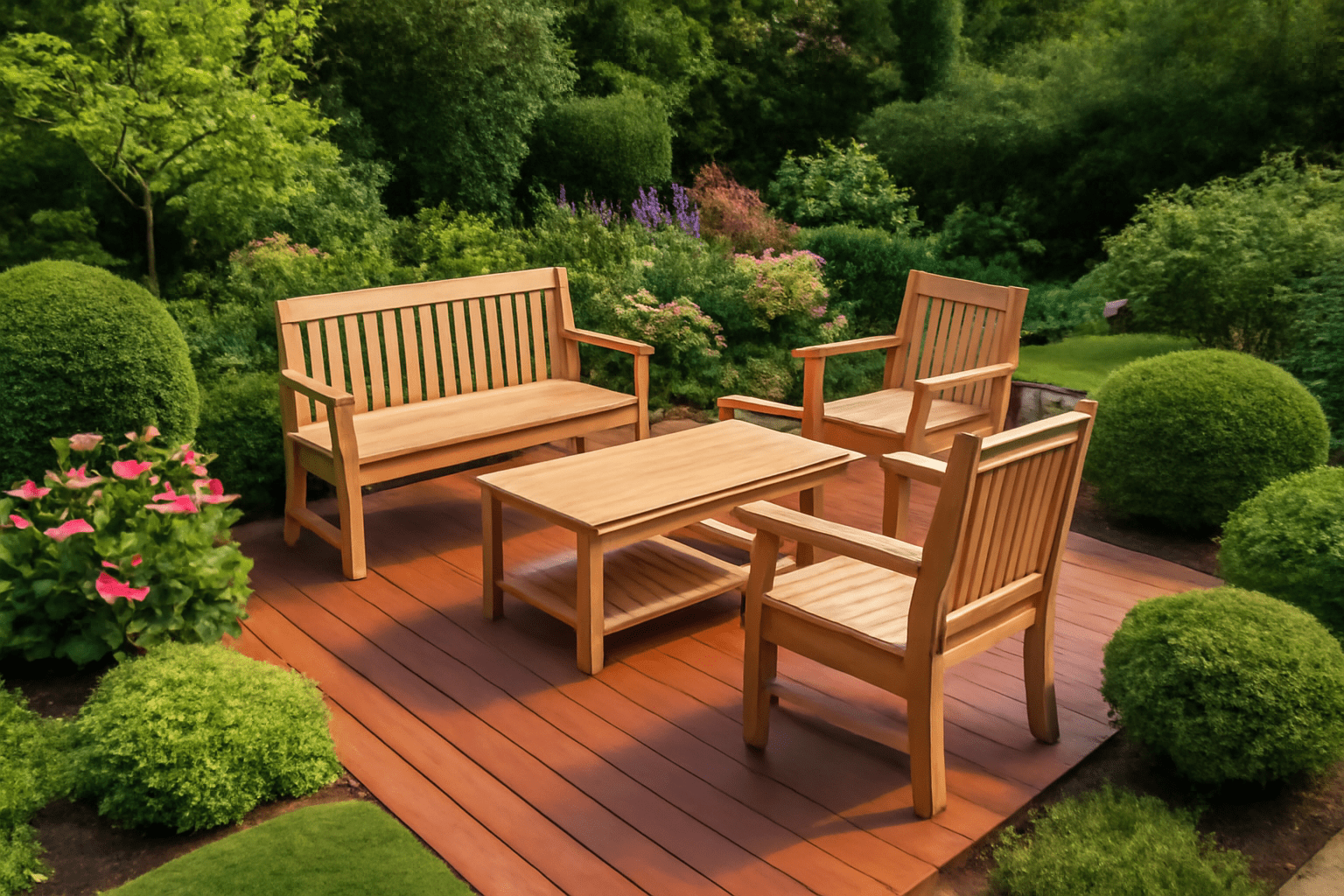 Wooden patio set with a bench, two chairs, and table on a wooden deck surrounded by lush green shrubs and pink flowers, conveying a serene garden vibe.