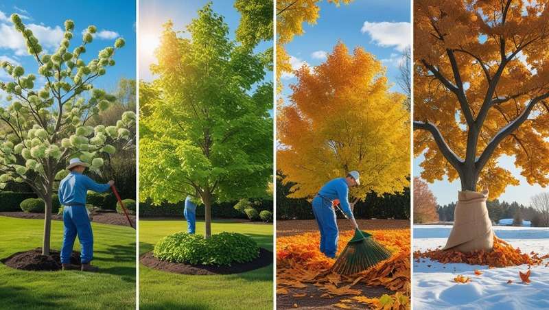 Collage showing Bonita Ash tree care in all seasons: pruning in spring, watering in summer, leaf cleanup in fall, and winter protection from frost.