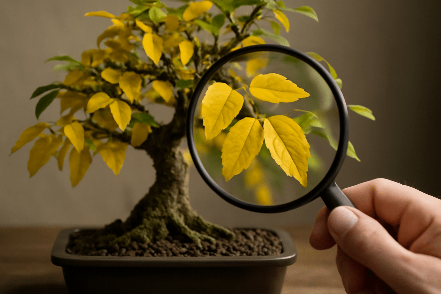 Autumn leaves in vibrant hues adorn a small bonsai tree, showcasing the beauty of the season.