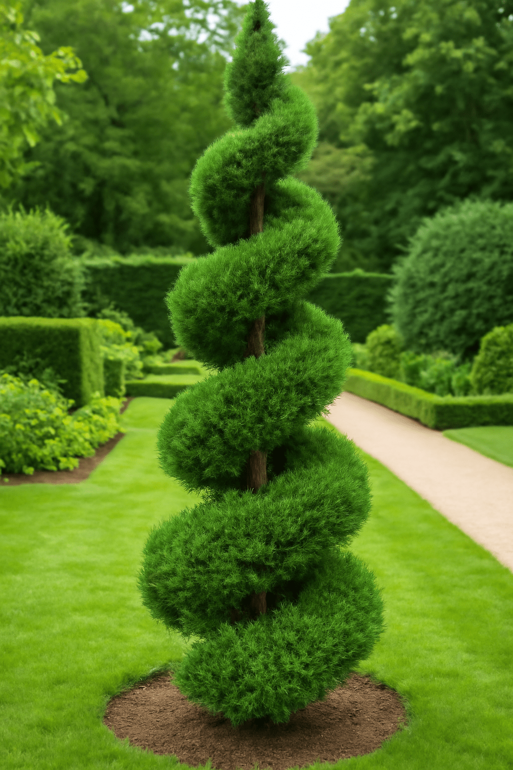 A lush green hedge in a garden setting, surrounded by grass and other plants.