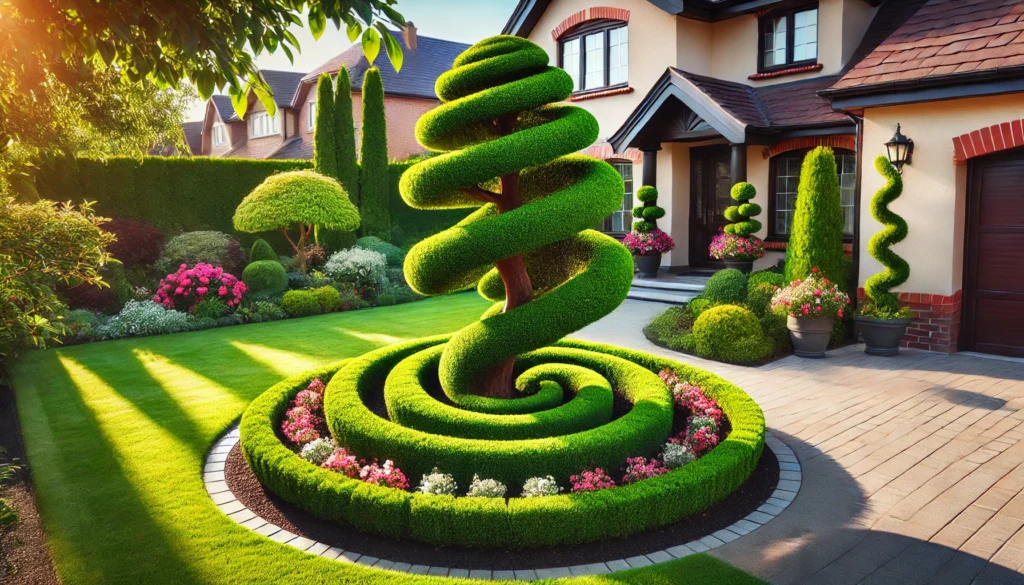 A beautifully manicured garden featuring spiraled topiary trees, colorful flower beds, and a modern home in the background.