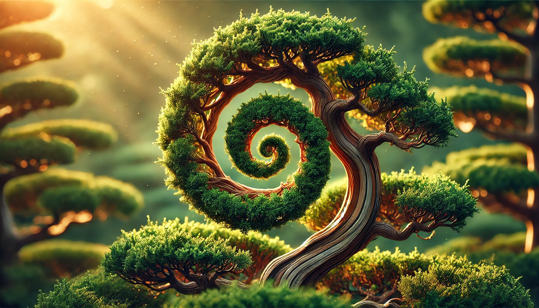 A beautifully twisted bonsai tree with lush foliage spirals upward, illuminated by gentle sunlight in a serene forest setting.