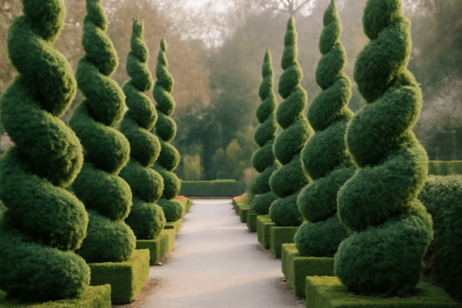A manicured pathway lined with spiraled, lush green topiary trees in an elegant garden setting.