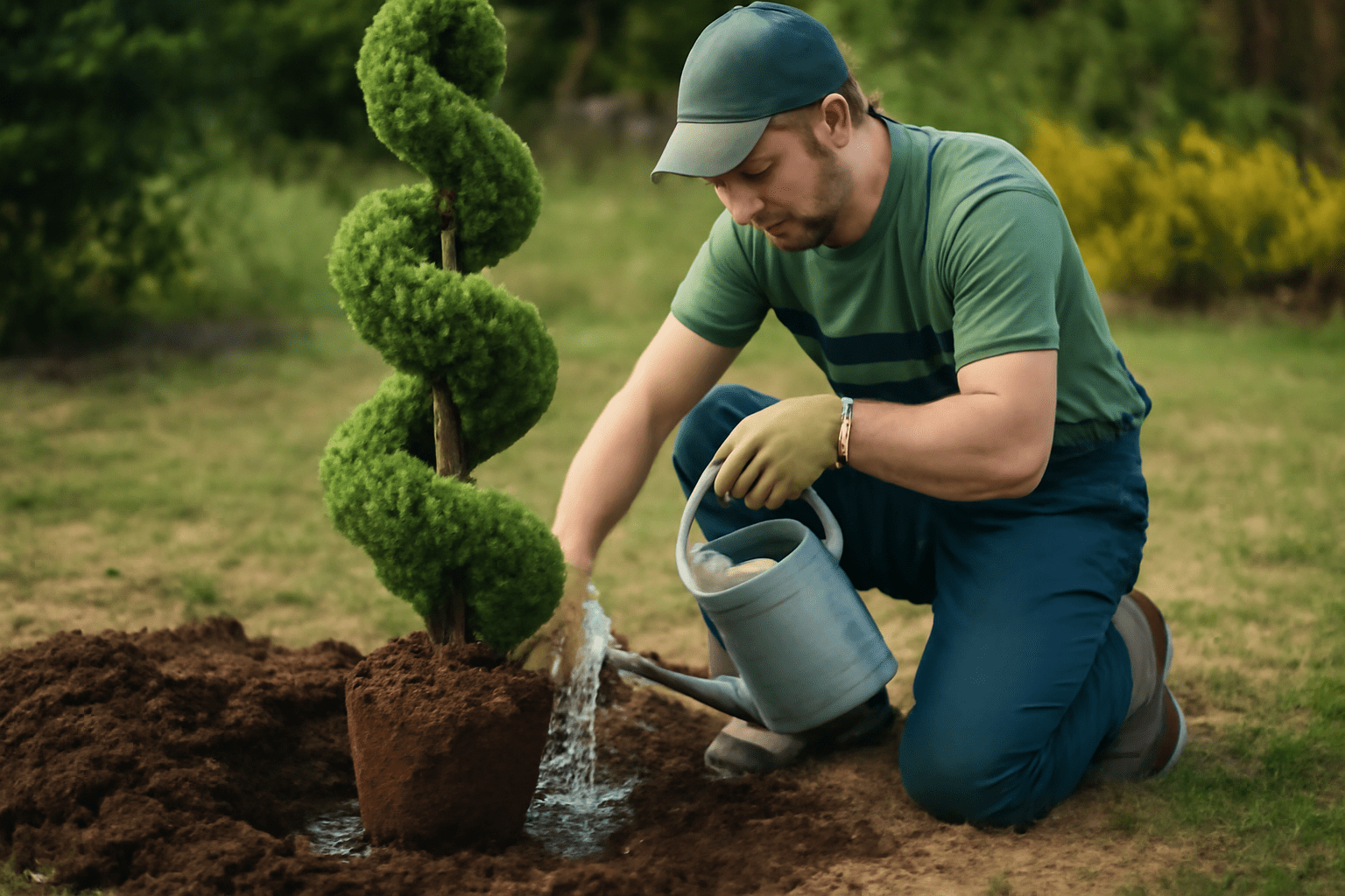 A person in gardening gloves waters a spiral topiary tree planted in rich soil on a grassy area, surrounded by greenery.