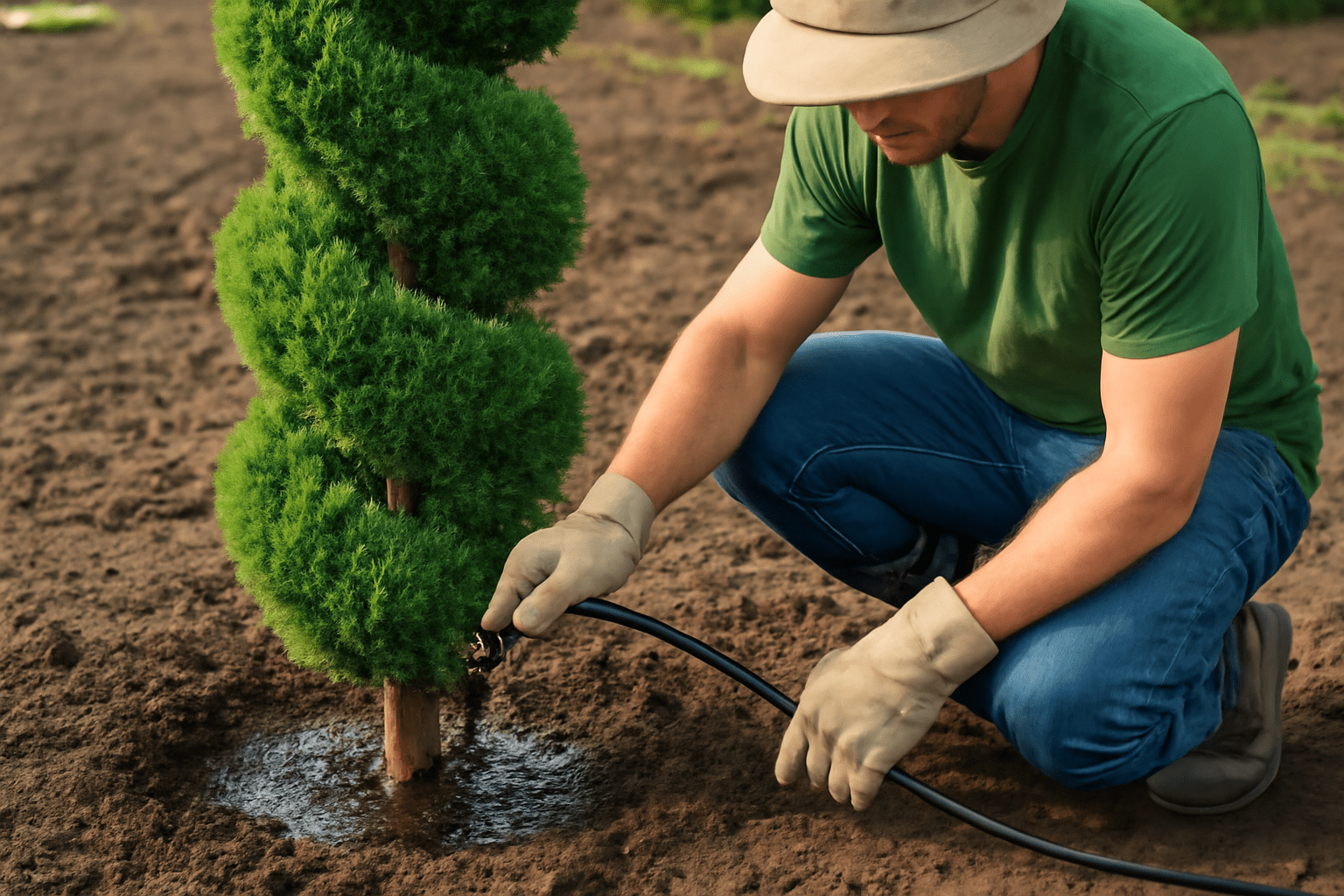 A gardener in green attire kneels in soil, watering a spiral-shaped green topiary with a hose.