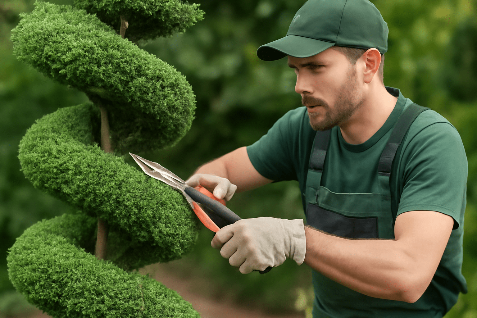 A gardener trims a spiraled, lush green topiary with pruning shears, surrounded by greenery in a sunny outdoor setting.