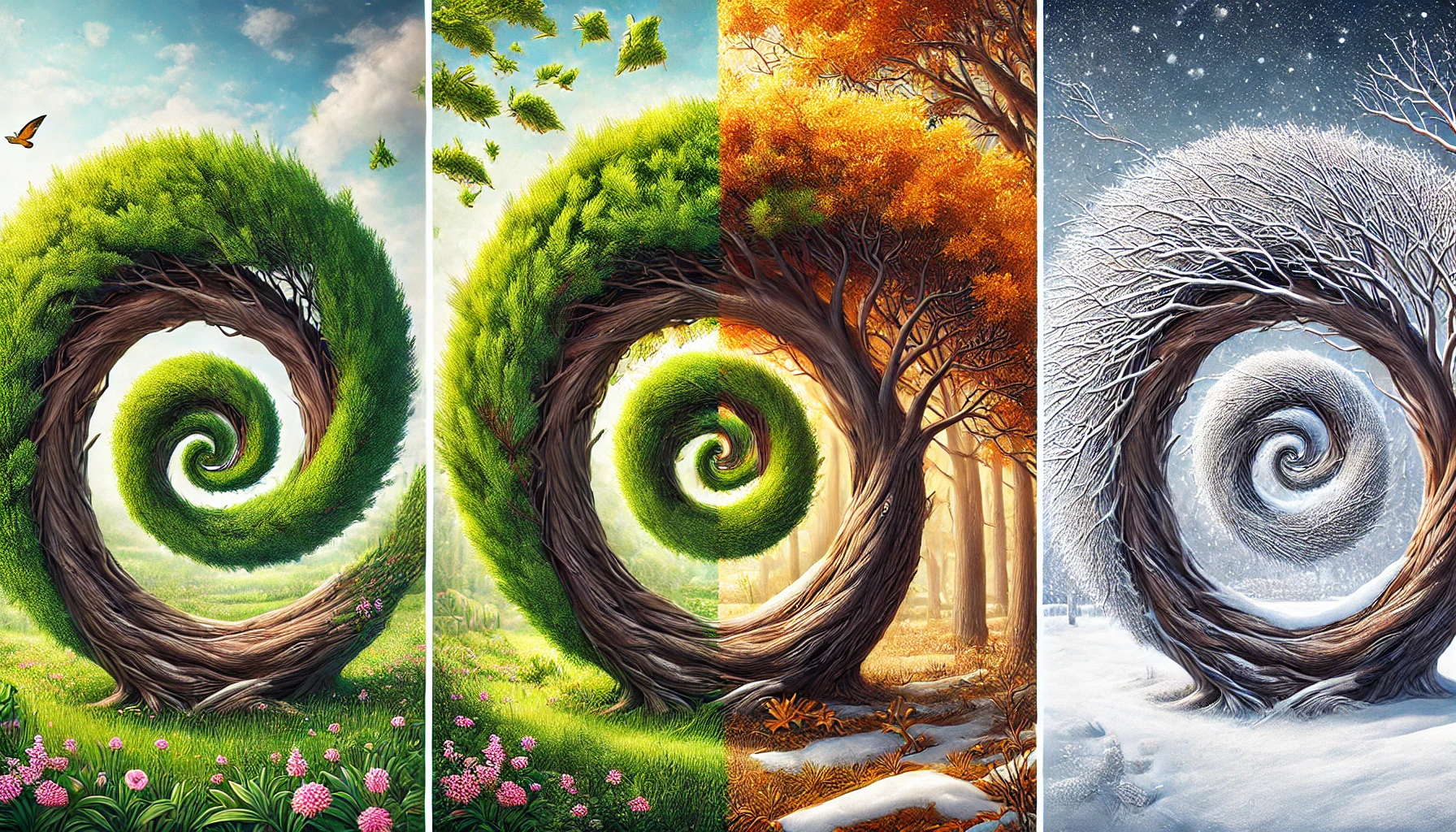 A spiral tree symbolizes the changing seasons, showcasing vibrant greens, autumn oranges, and winter whites in a harmonious design.