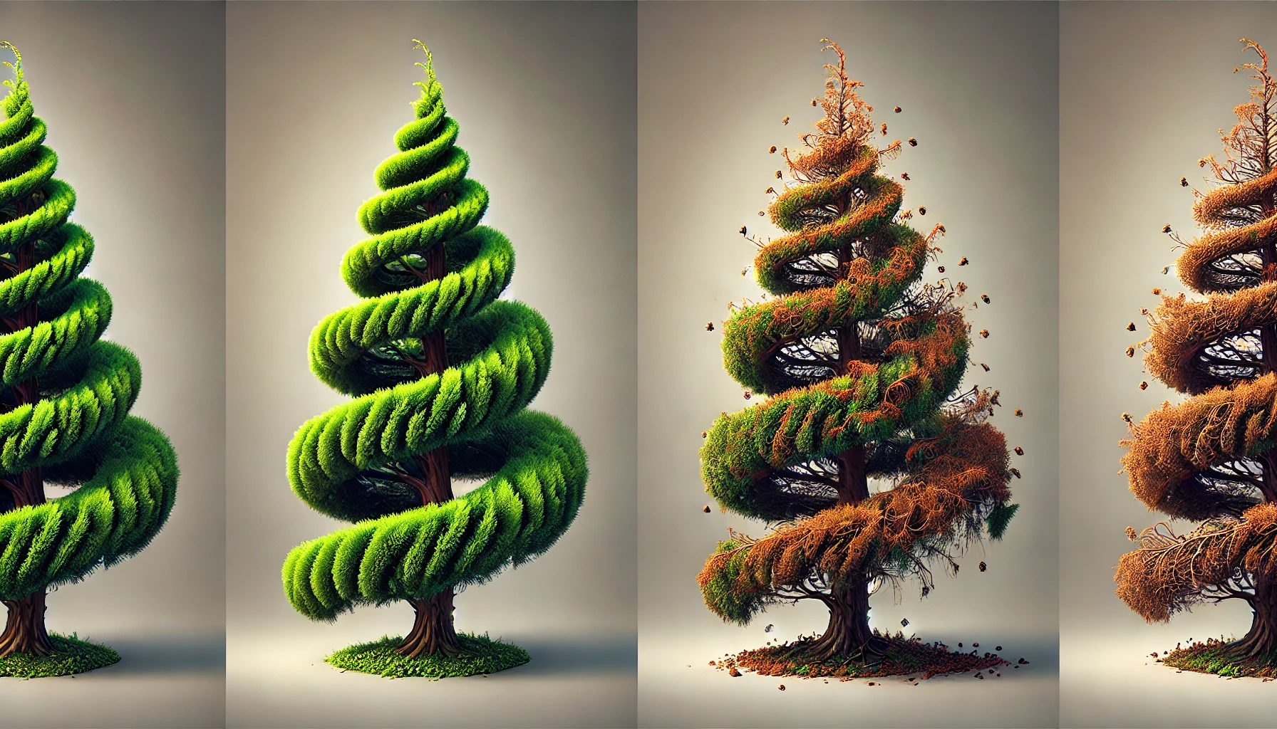 Four trees in a progression, from vibrant green spiral foliage to autumnal decay, showcasing the cycle of life and seasons.