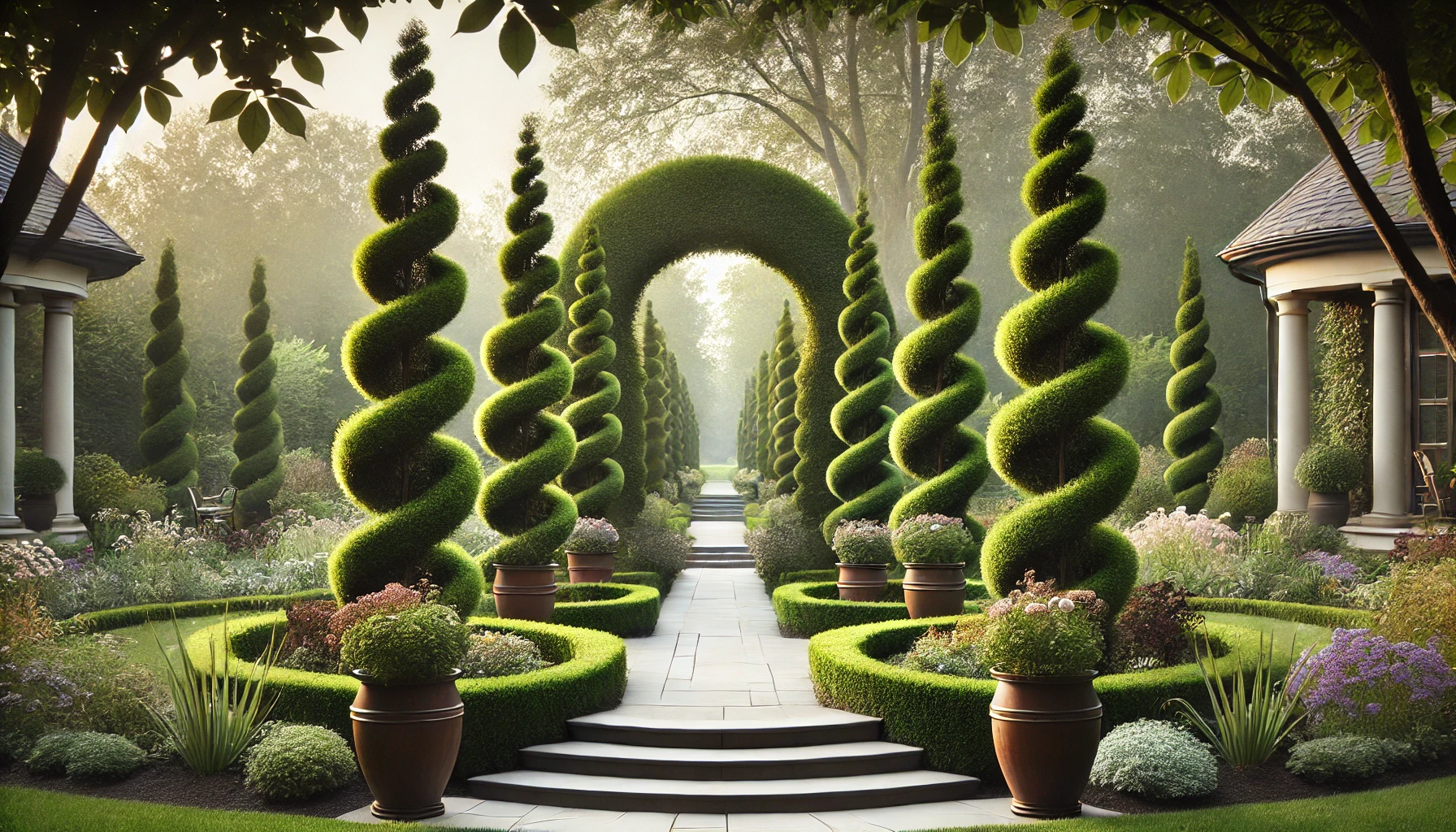 A winding path lined with various plants, leading into a green tunnel formed by overhanging branches. The scene is part of a lush garden, showcasing vibrant landscaping and the beauty of nature.