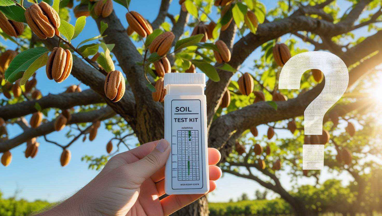 "Hand holding a soil test kit by a pecan tree with nuts, introducing FAQs on how to fertilize pecan trees."