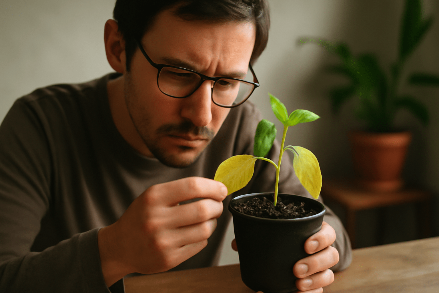 A man gazes thoughtfully at a plant characterized by its striking yellow stem, highlighting its distinctiveness.
