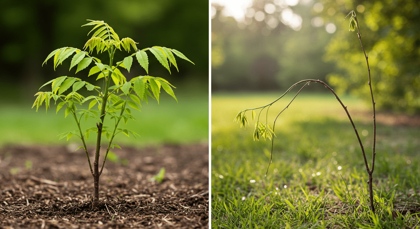 Healthy vs. leggy ash tree seedlings showing the importance of proper care and sunlight