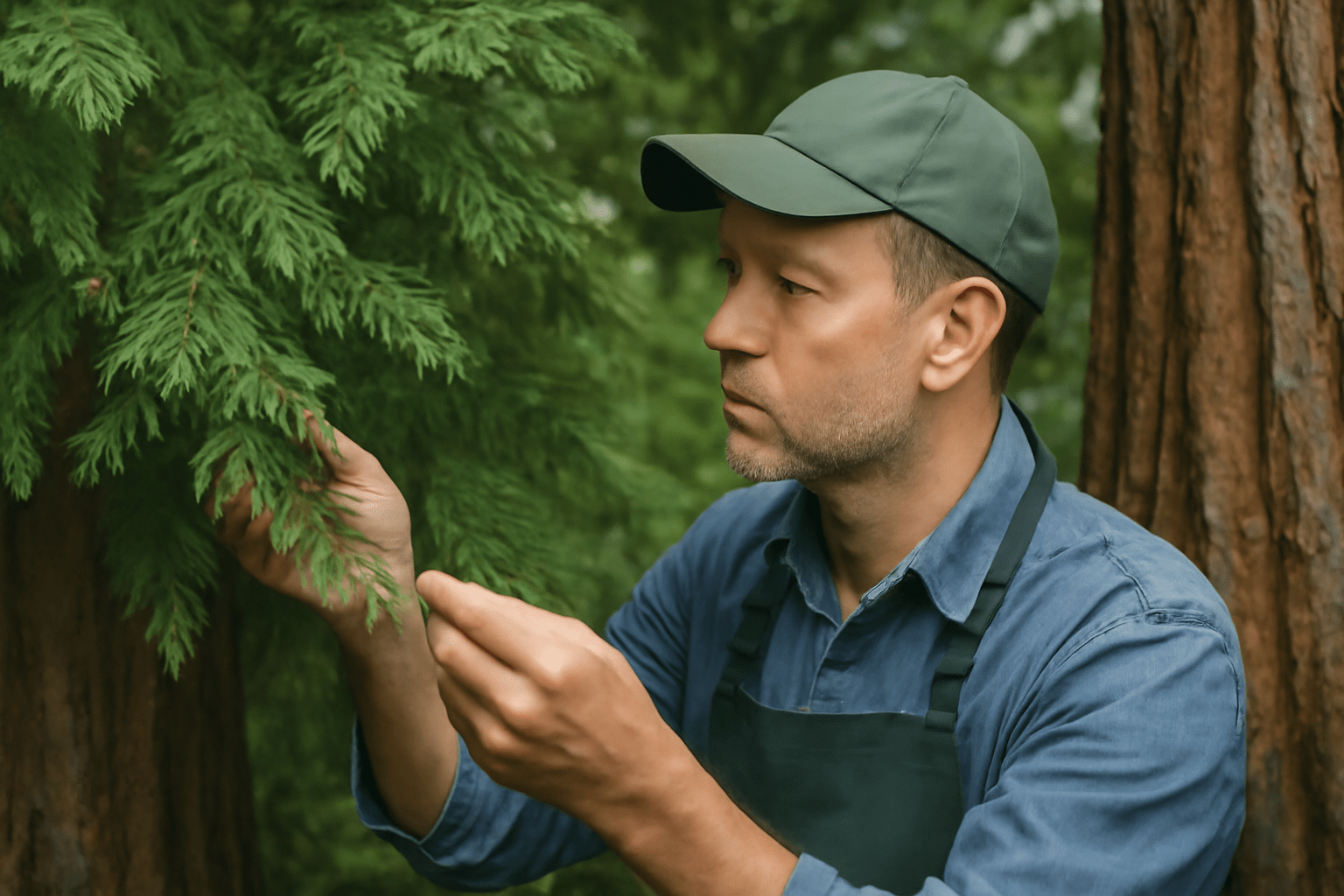 A man in a green cap and apron examines the needles of a lush evergreen tree. His expression is focused, amidst a serene forest setting.