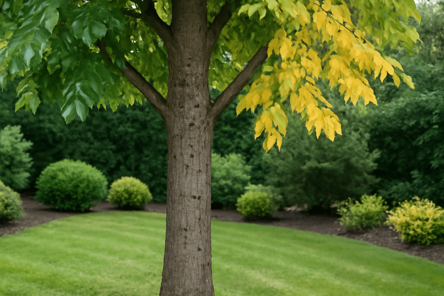 Bonita Ash tree showing signs of pest damage, including small holes and yellowing leaves, in a garden setting.