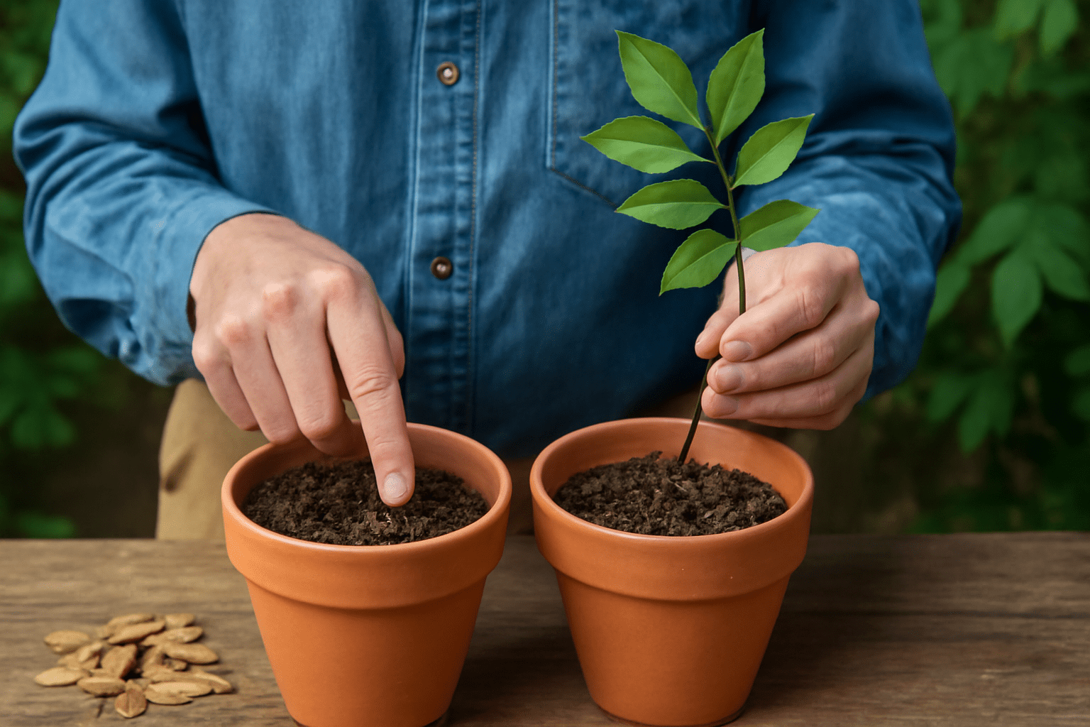 Person planting Fan Tex Ash Tree seeds or preparing a cutting for propagation in a pot with potting mix.