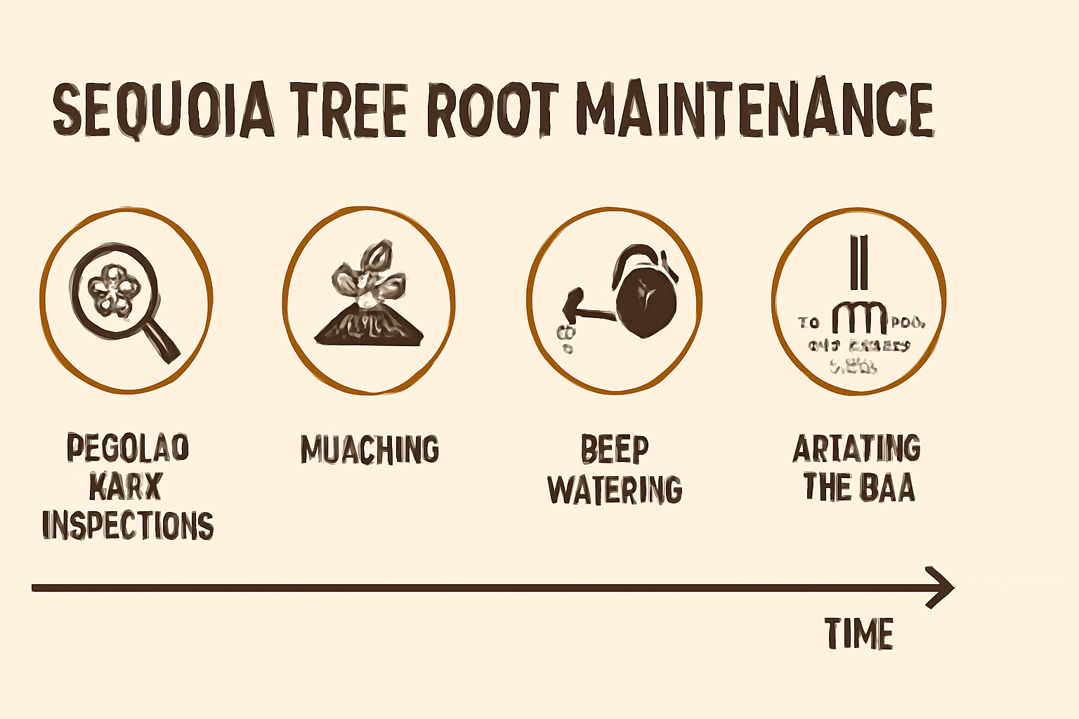 Diagram titled "Sequoia Tree Root Maintenance." Icons depict steps: inspecting, mulching, watering, and aerating, in chronological order.
