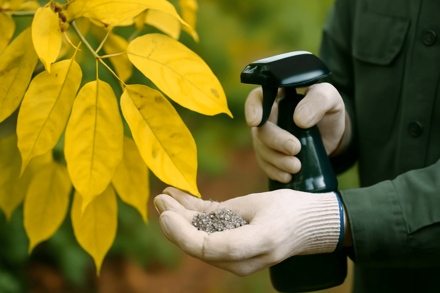 "Close-up of yellowing leaves on a fragrant ash tree, with a gardener addressing common tree care issues."