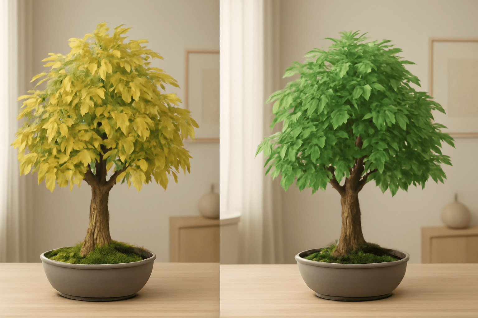 "Comparison of unhealthy and healthy ash bonsai trees showing yellowing leaves vs. vibrant green leaves."