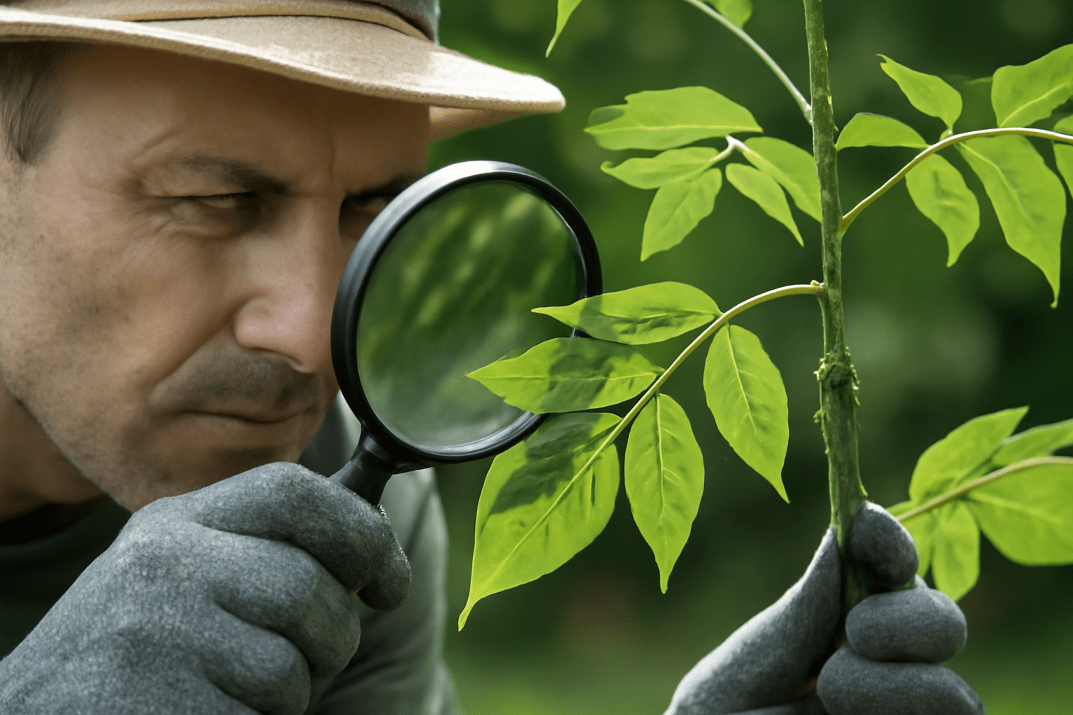Gardener inspecting ash tree sapling leaves for pests like aphids or emerald ash borer."
