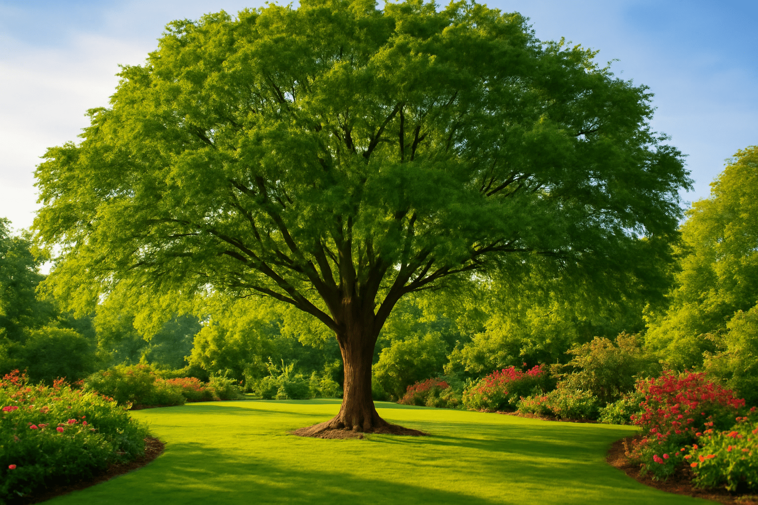 A majestic tree rises in a lush green field, surrounded by a serene landscape.