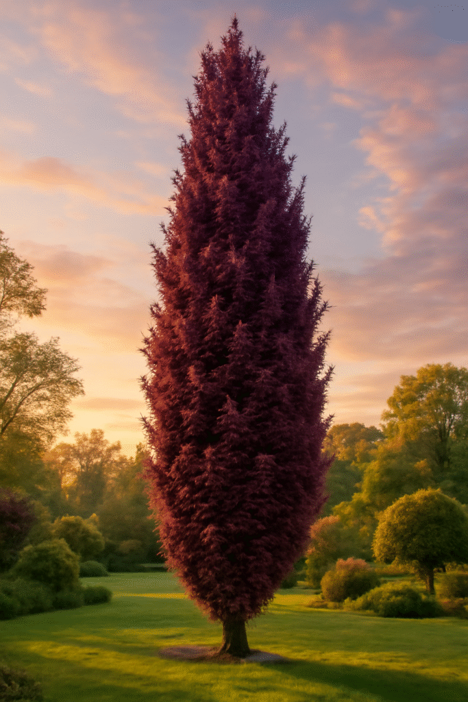 Tall, narrow tree with deep burgundy leaves stands on a lush green lawn at sunset. Soft, pastel clouds fill the sky, creating a peaceful atmosphere.