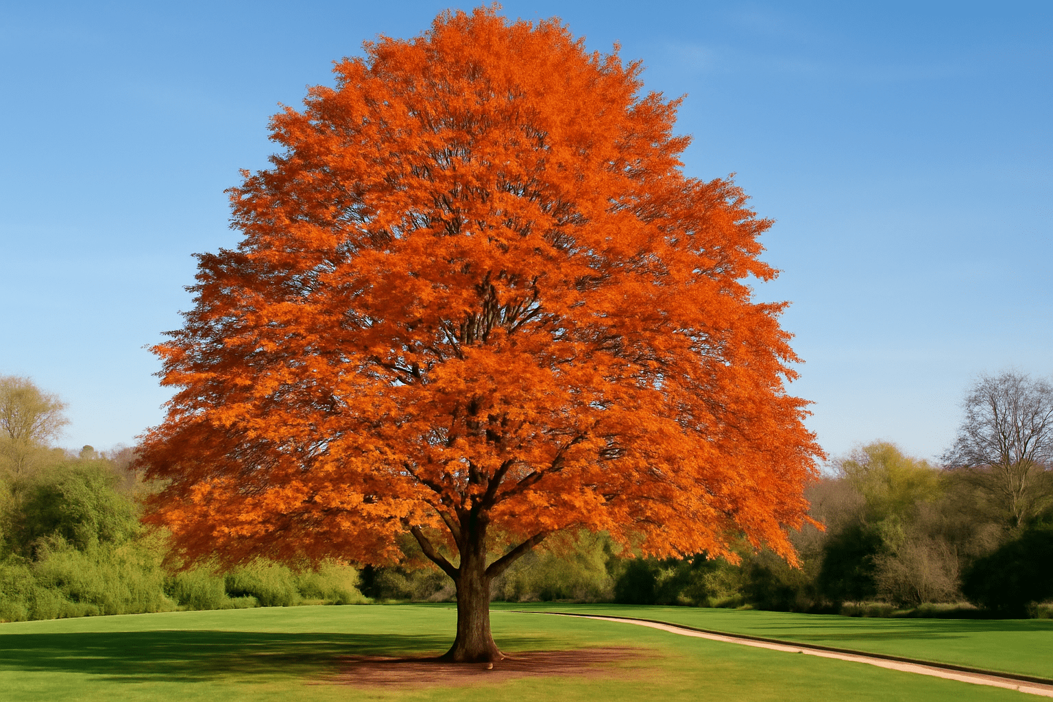 A vibrant tree with bright orange leaves stands in a sunlit field against a clear blue sky, conveying a sense of autumnal tranquility and beauty.