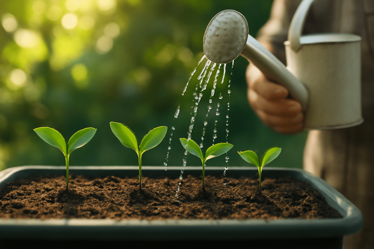 "Gardener watering young magnolia seedlings with a watering can, ensuring healthy growth and proper care."