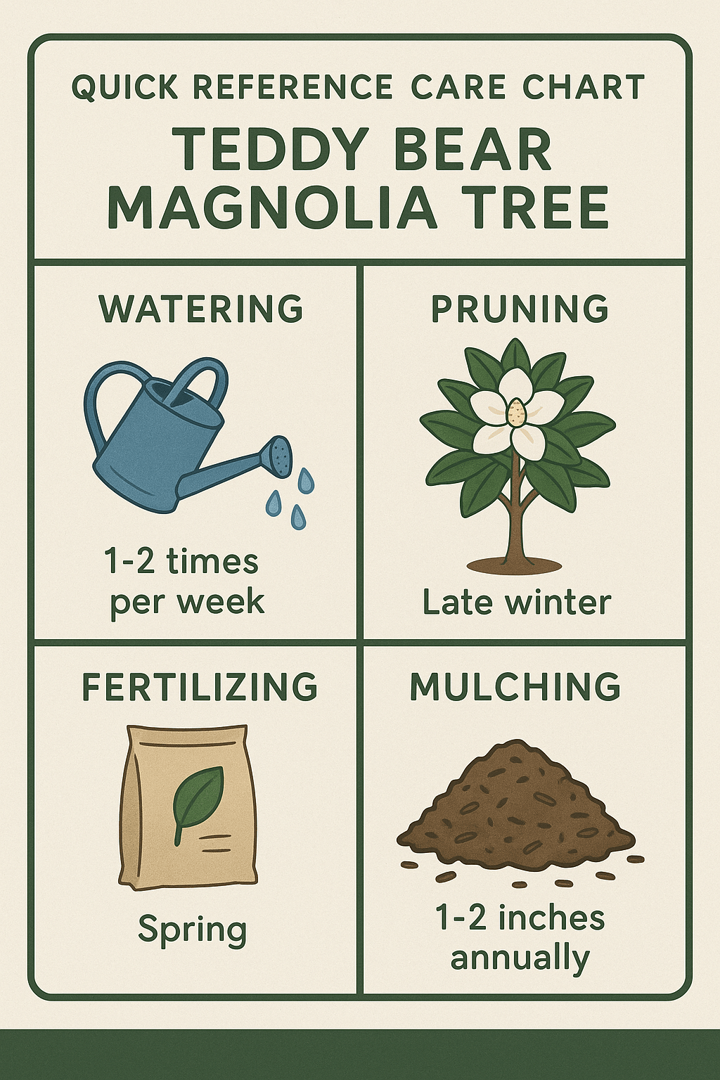 "Quick Reference Care Chart for Teddy Bear Magnolia Tree with watering, pruning, and fertilizing schedules."