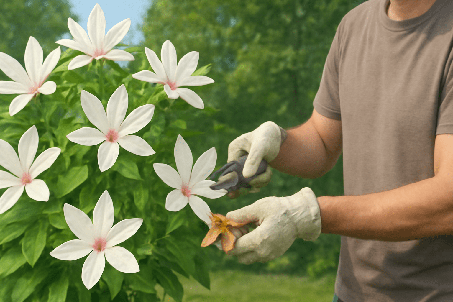 "Deadheading spent flowers on butterfly magnolia tree to encourage more blooms."