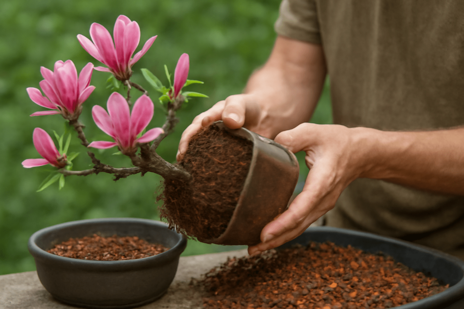 "Person repotting a Magnolia Bonsai Tree with fresh, well-draining soil for better growth."