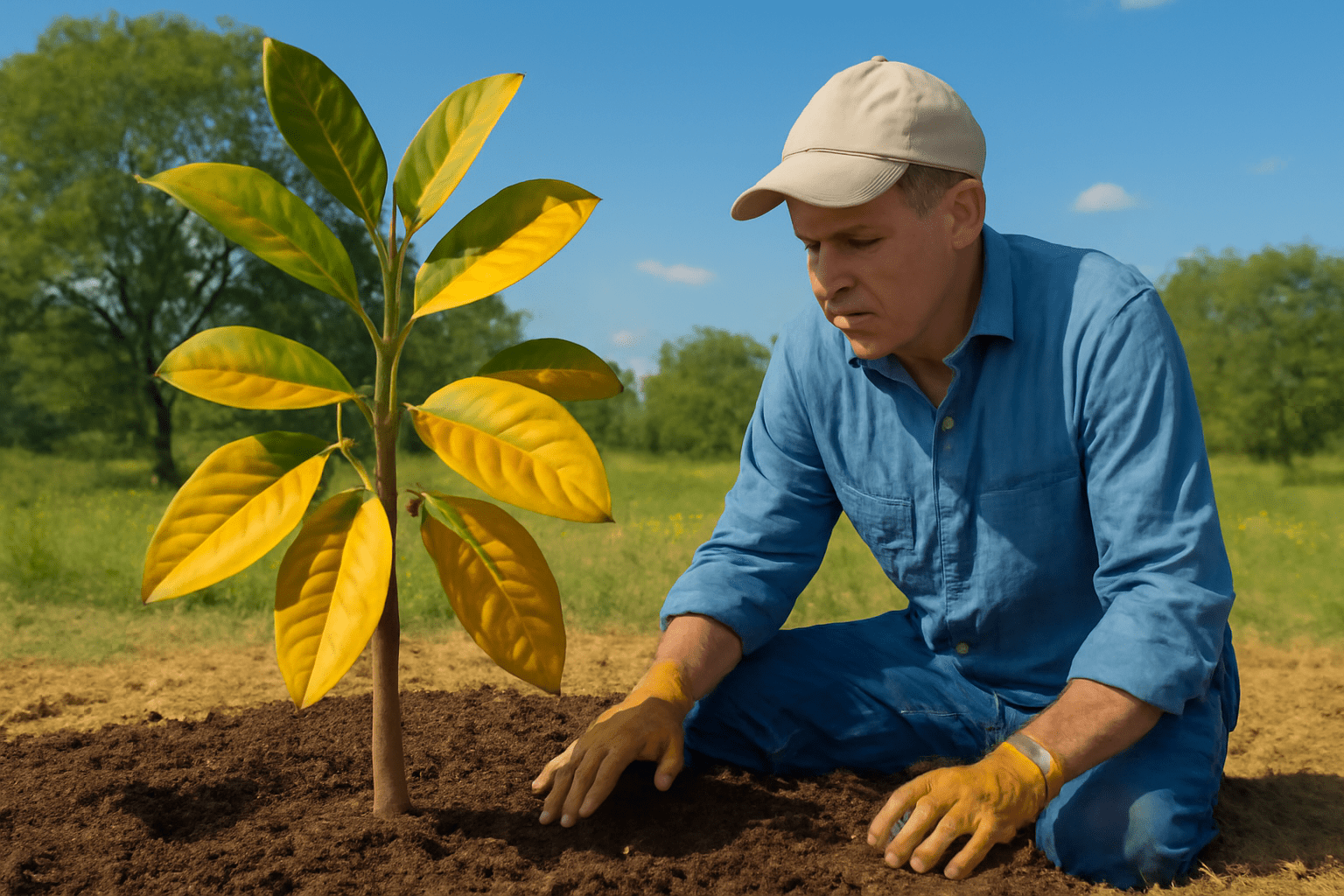 "Magnolia tree with yellowing leaves from drought stress, gardener inspecting and addressing the issue in Texas."