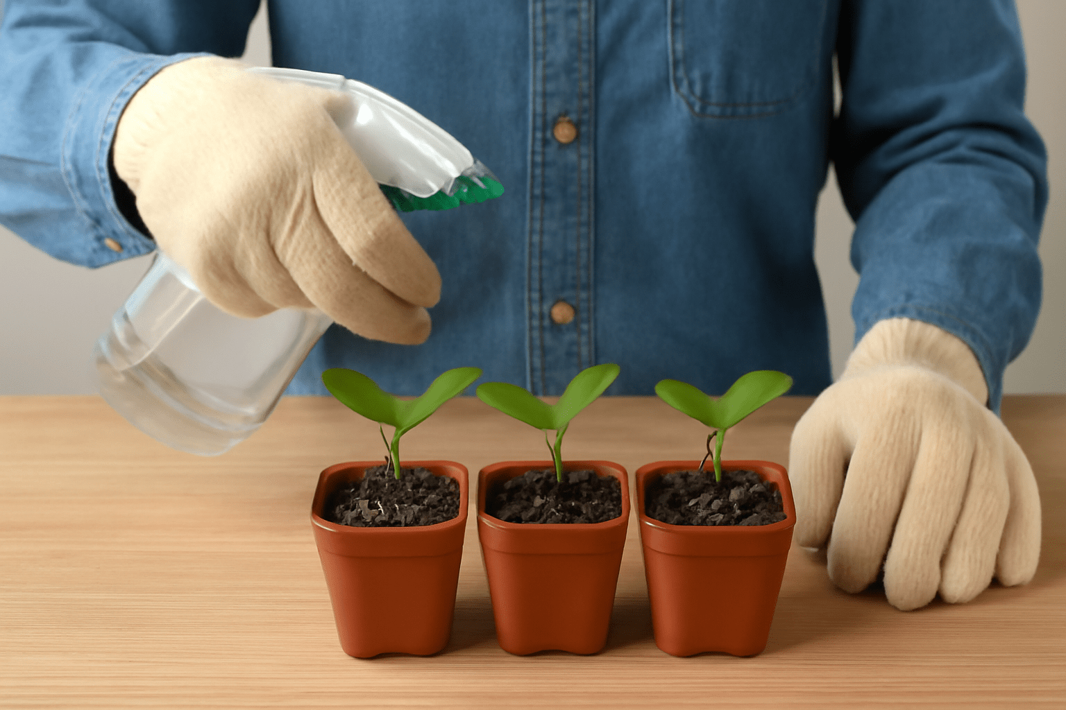 "Watering young magnolia seedlings with a fine mist spray bottle to keep the soil moist"