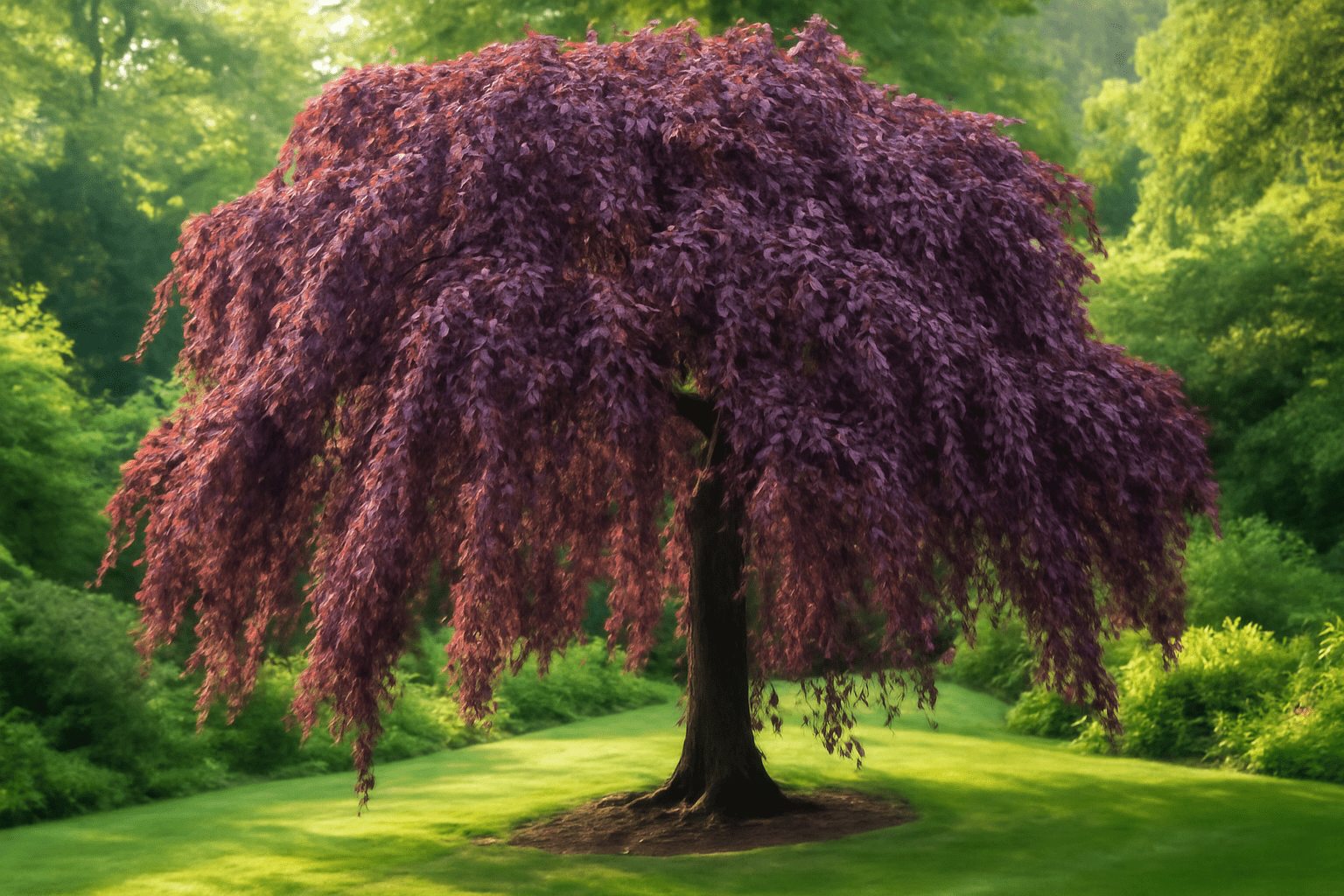A vibrant tree with cascading purple leaves stands alone on lush green grass, surrounded by a sunlit forest, evoking tranquility and natural beauty.