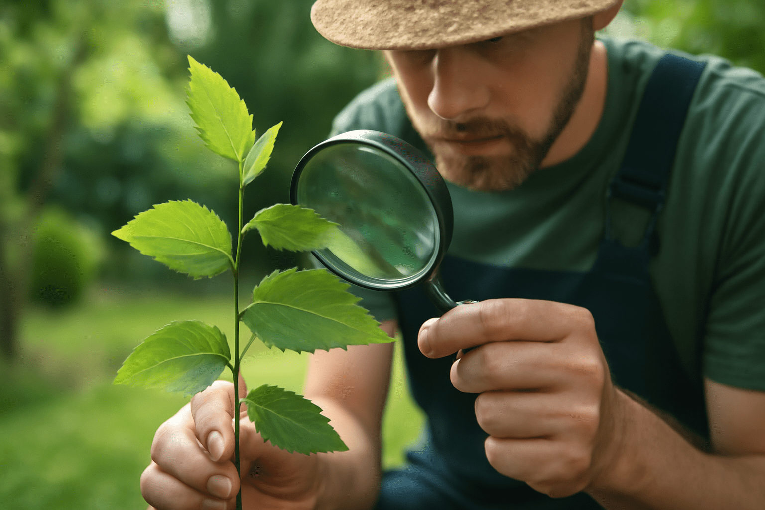 A man wearing a straw hat inspects a plant with a magnifying glass, highlighting his curiosity about nature.