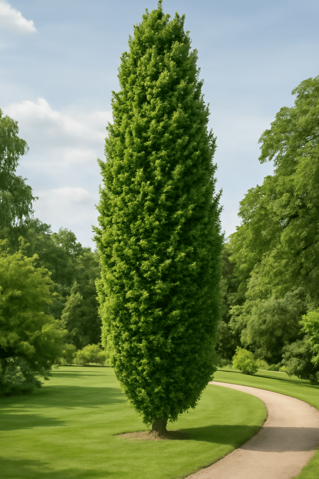 A tall, cylindrical evergreen tree stands prominently on a sunlit, grassy lawn. A winding path curves gently nearby, surrounded by lush green foliage.