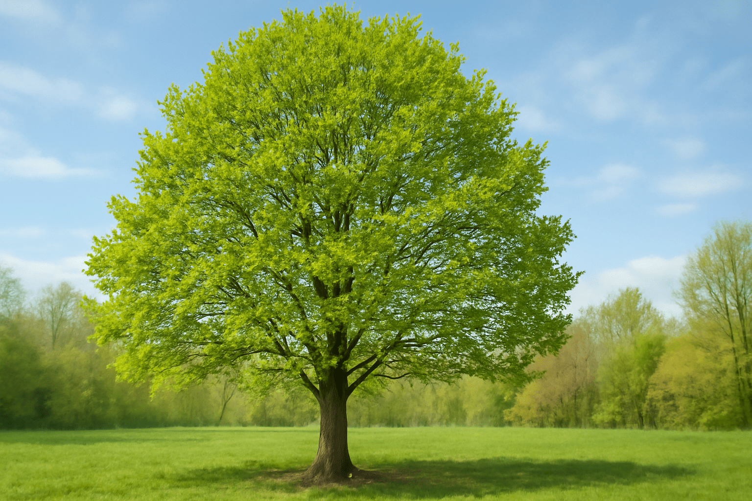 A vibrant green tree stands alone in a lush field under a clear blue sky, evoking a sense of tranquility and natural beauty.