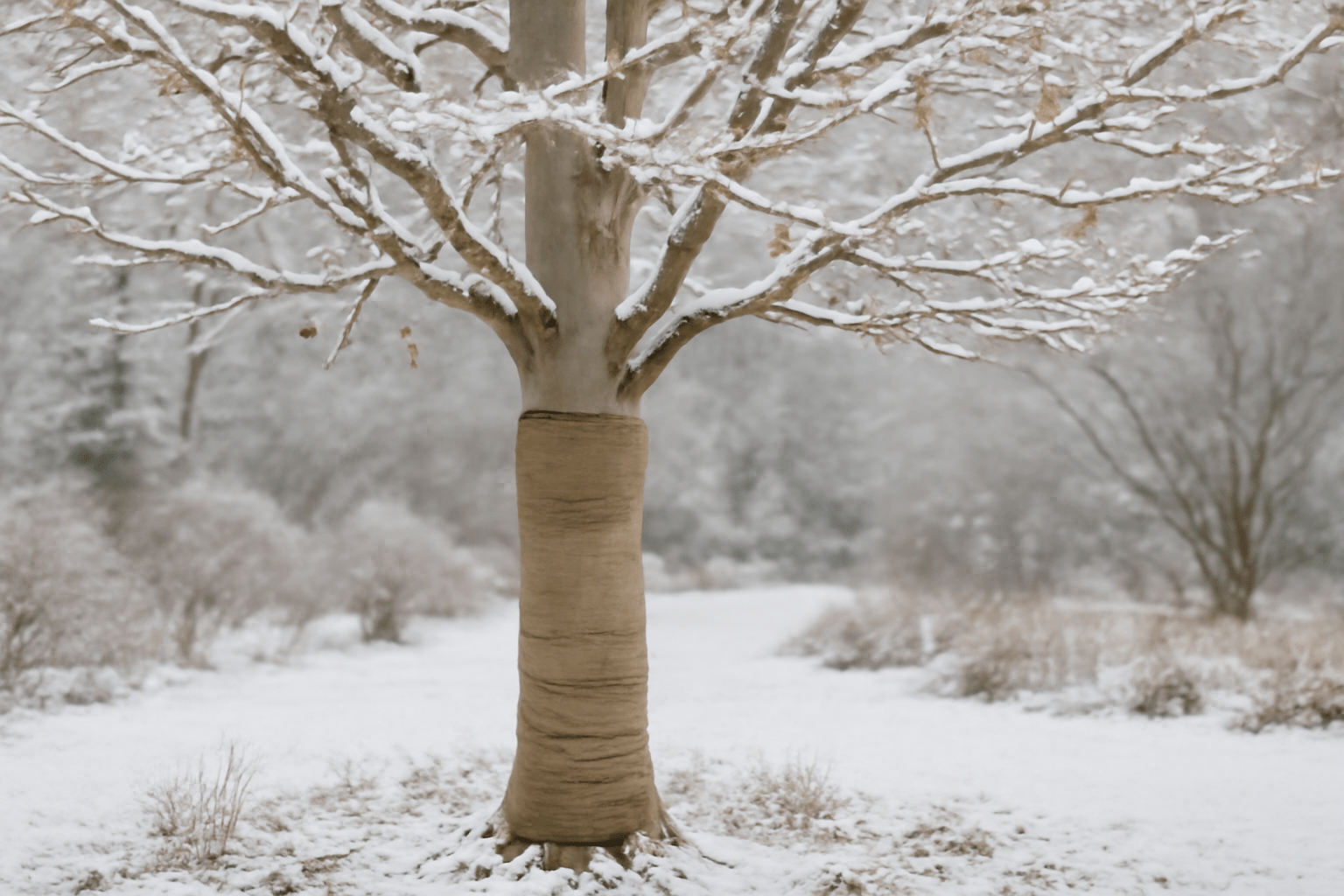 A snow-covered tree with bare branches is wrapped with burlap around its trunk in a serene, snowy landscape, creating a peaceful winter scene.