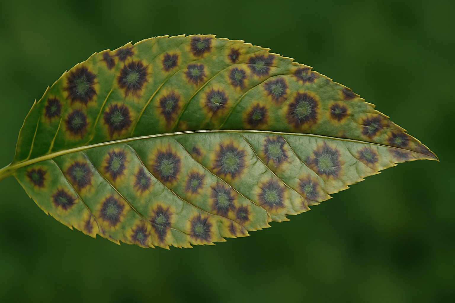 “Pecan nut tree leaf with brown spots, indicating leaf blotch caused by disease or fungal infection.”