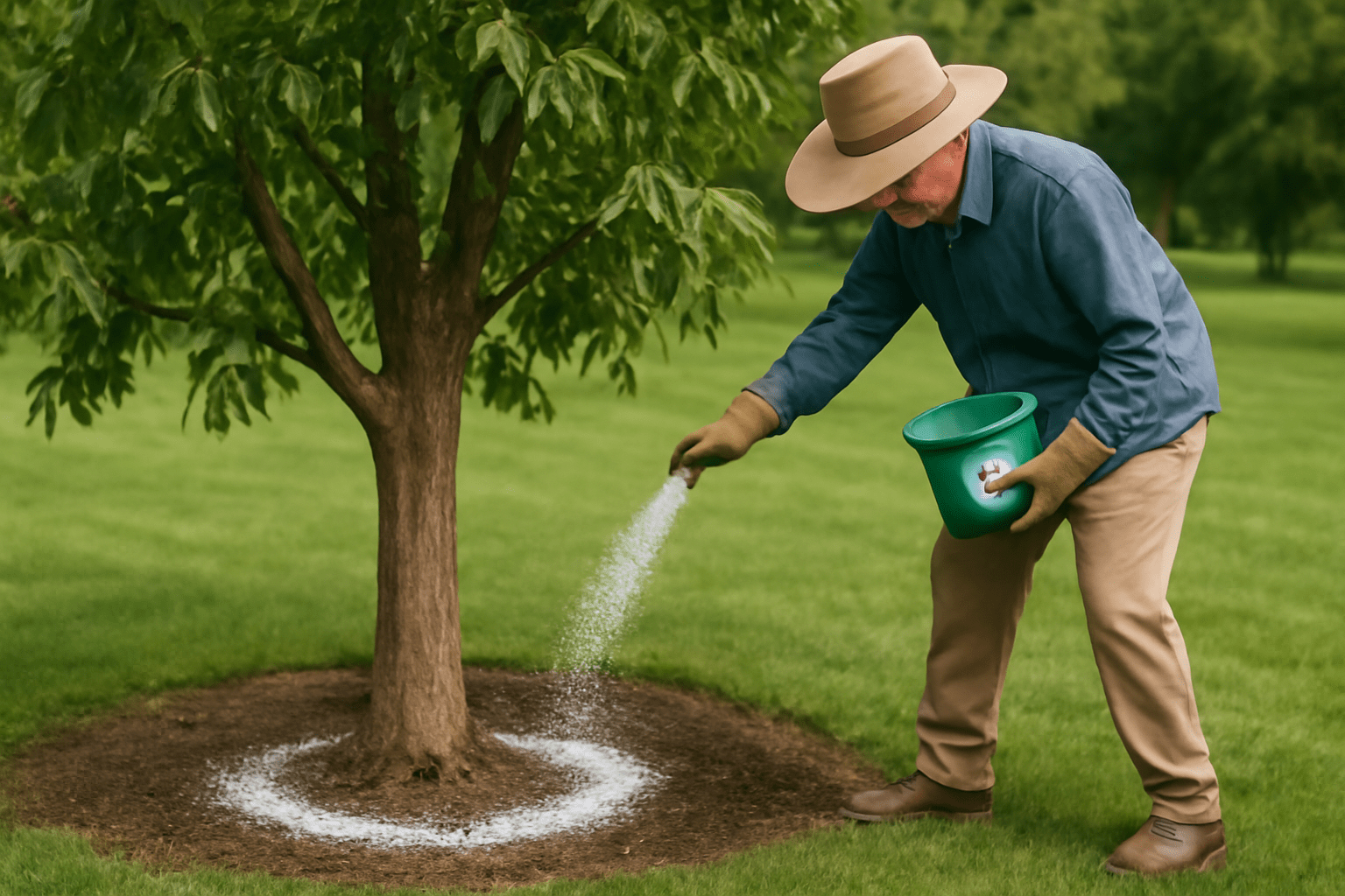 "Fertilizing a healthy pecan tree with a balanced fertilizer to support nut development after flowering."