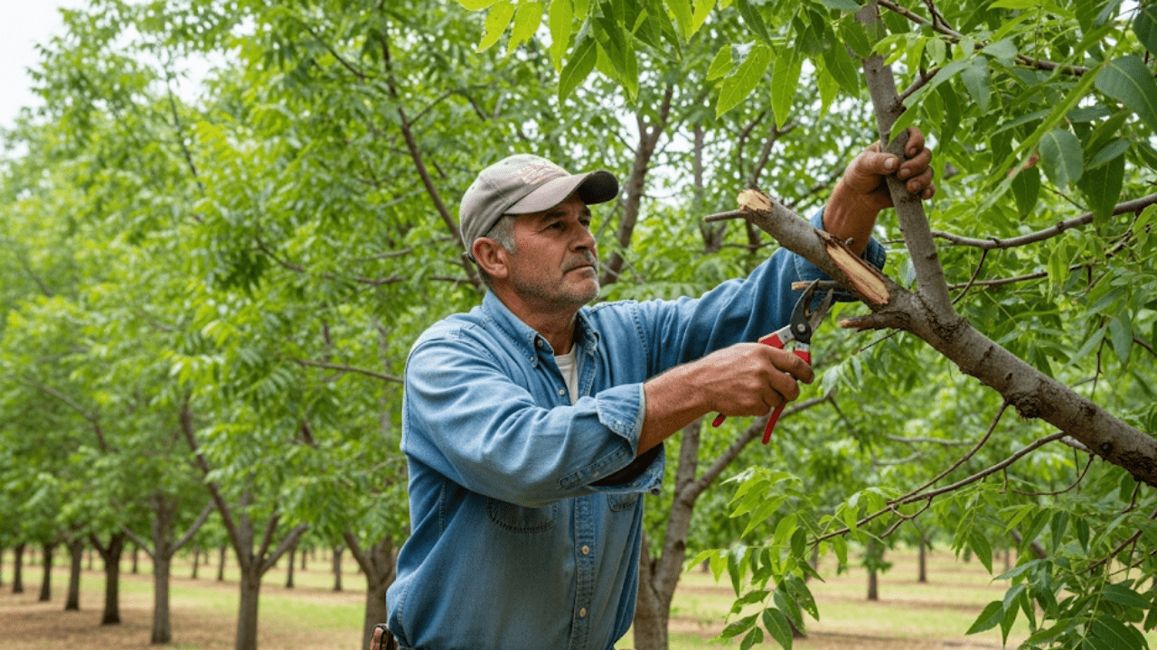 "Pruning a pecan tree to ensure long-term productivity and health."