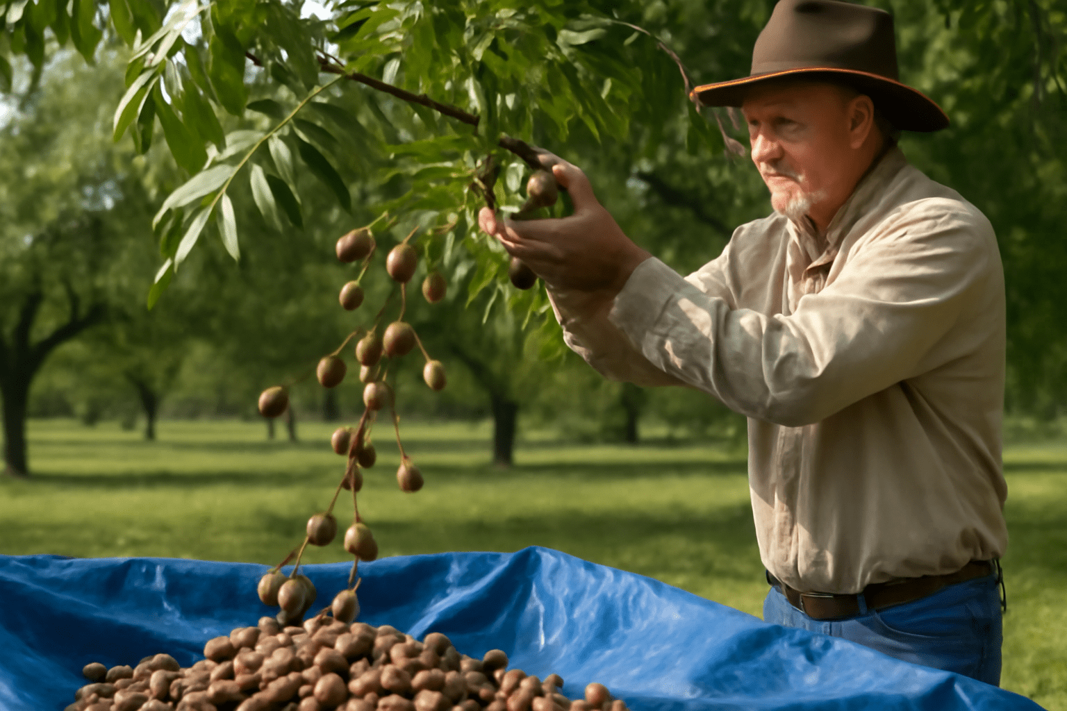 "Harvesting ripe Northern Pecan nuts, caught on a tarp under the tree."