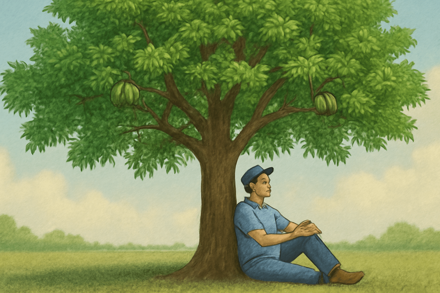 "Gardener reading a book on pecan tree care while sitting near a candy pecan tree."