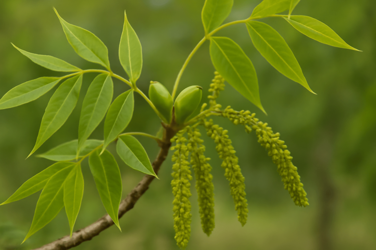 "Close-up of paper shell pecan flowers with developing nuts for better pollination"
