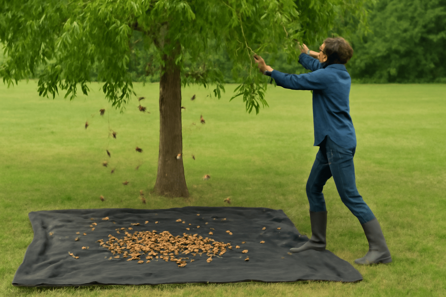 "Shaking a mature pecan tree to harvest fallen nuts, with a tarp catching them on the ground."