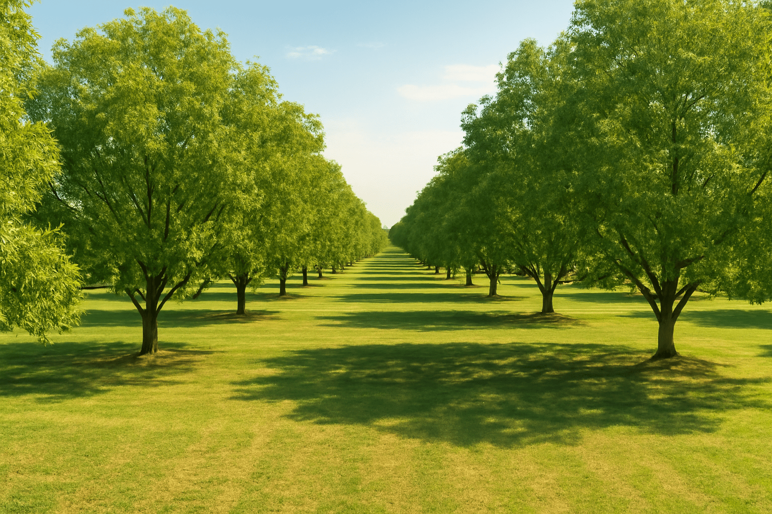 "A commercial pecan orchard with rows of mature trees, highlighting large-scale pecan production."