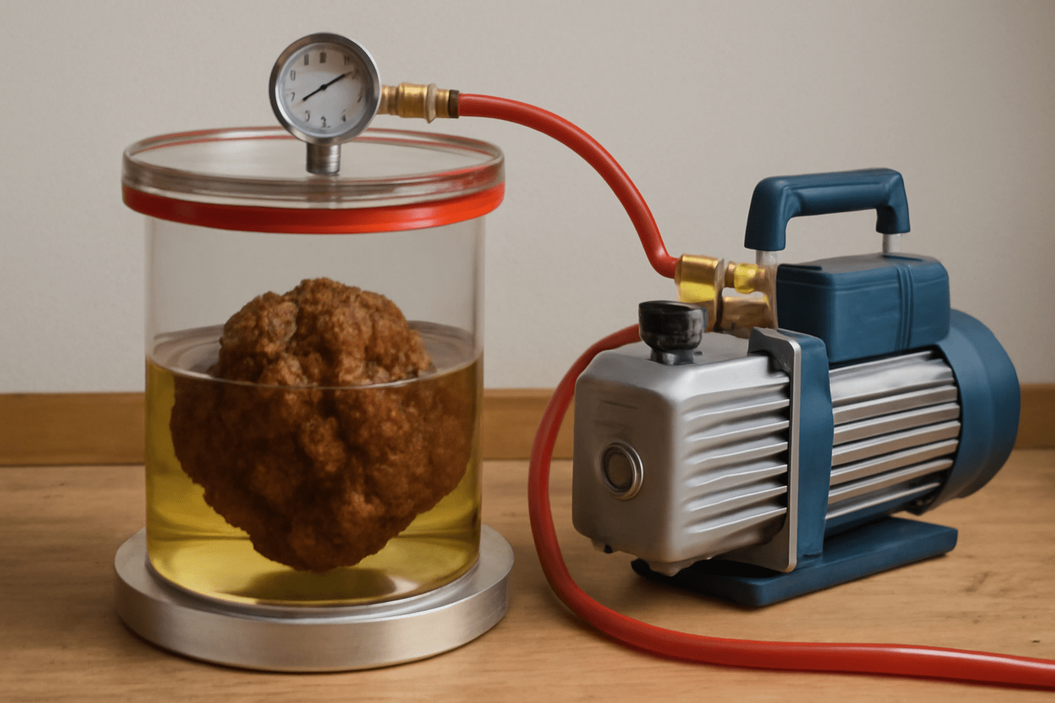 "Vacuum chamber with walnut burl submerged in resin, used for stabilizing the wood to enhance its strength."