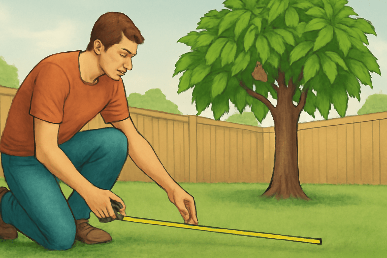 "A person measuring the space in a yard with a tape measure, with a walnut tree standing in the background."