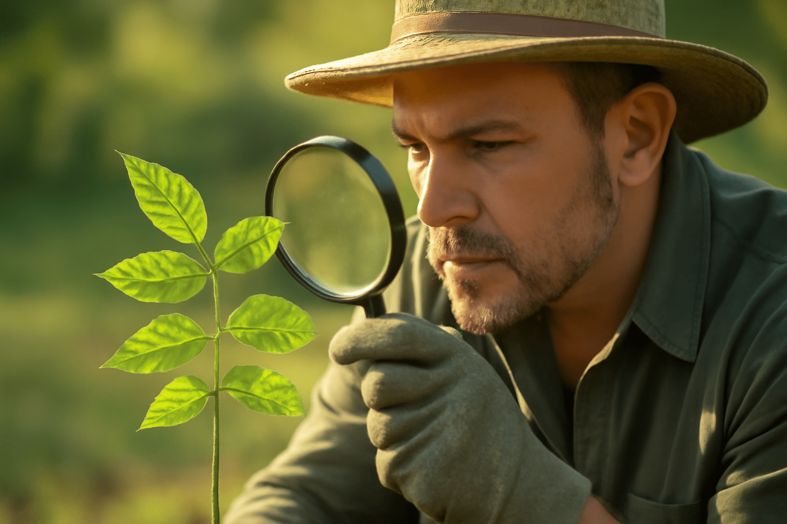 "A gardener inspecting a black walnut seedling’s leaves with a magnifying glass, showing pest damage or signs of issues like yellowing or holes."