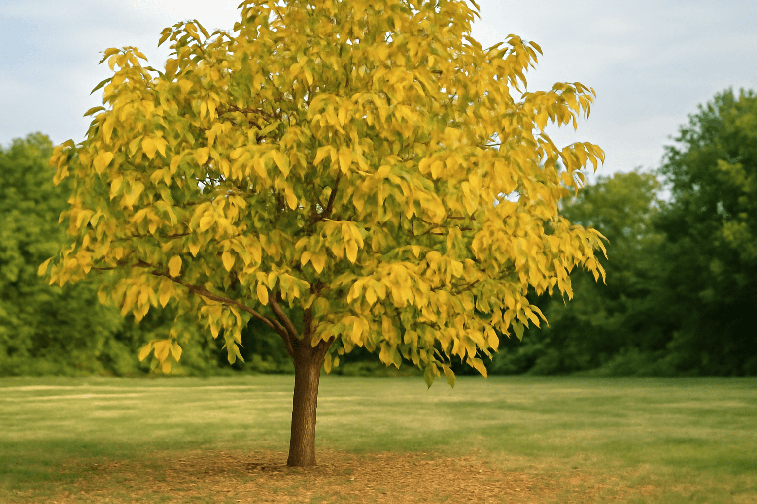 "Walnut tree with yellowing leaves, showing common issues like nutrient deficiencies or improper watering."